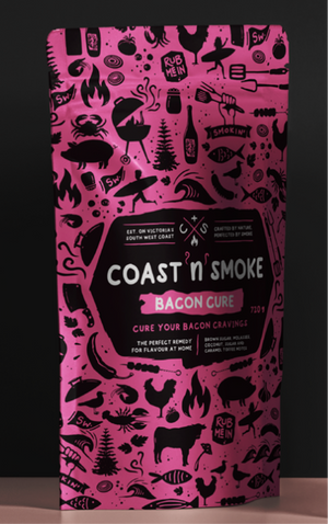 a pouch full of bacon cure, bright pink with icons