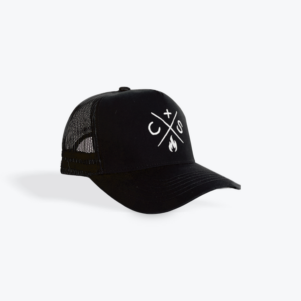 a mesh back black baseball cap with white embroidered logo