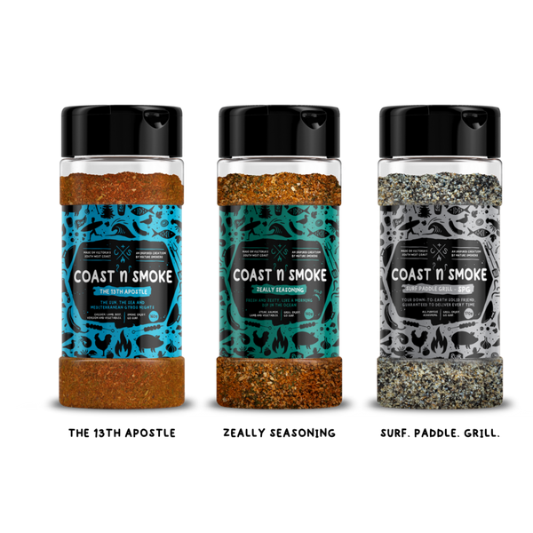 Lamb BBQ seasoning pack with 3 rubs, blue label, green label, grey label