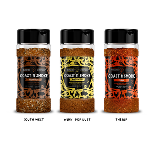 The pork rub bundle from coast n smoke, 3 rubs with a brown, yellow and orange label