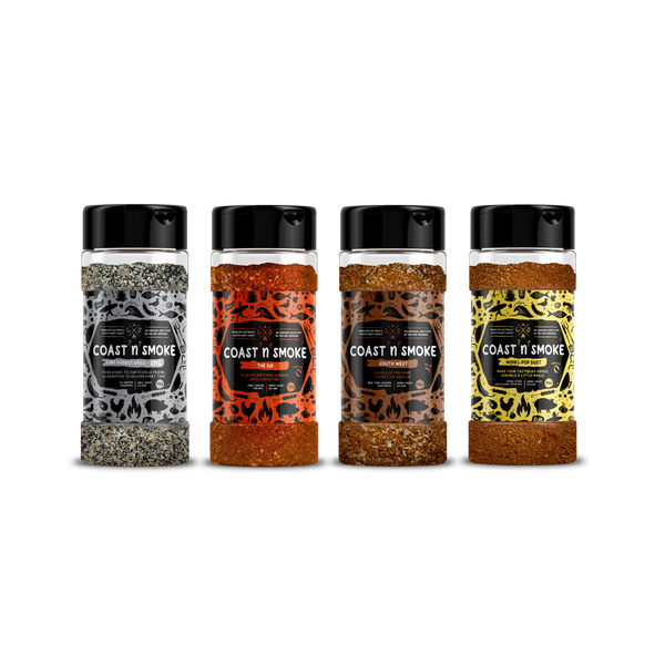 4 of our bestselling rubs SPG, The Rip, WinkiPOPDust, and South West on a white background