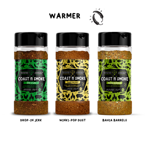 3 Coast n Smoke bbq seasonings suited for chicken with bright green and yellow labels