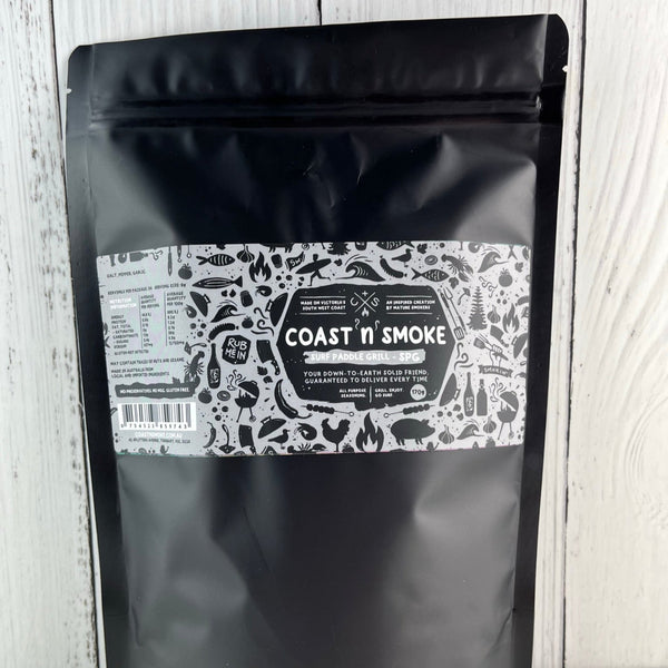 A black bulk pouch of salt pepper garlic with a grey label