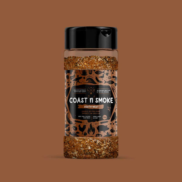 A shaker of South West BBQ rub on a brown background