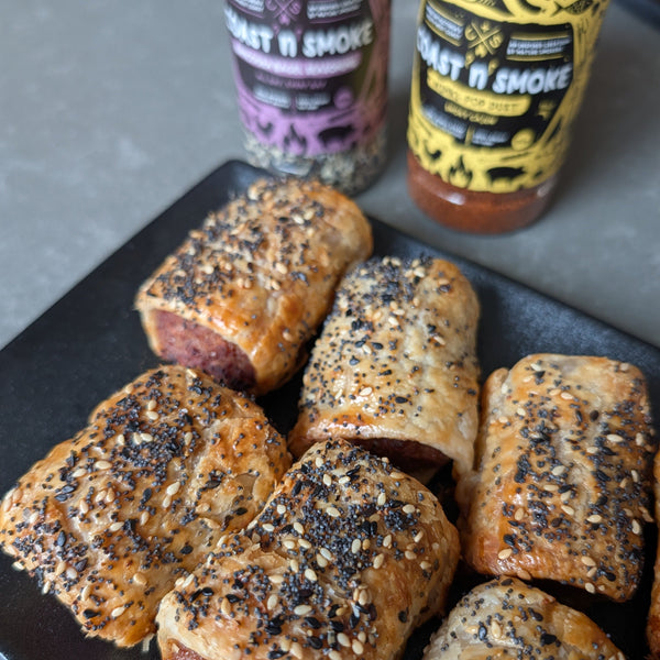 Delicious sausage rolls covered with bagel seasoning