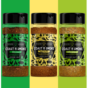 3 bbq seasonings suite for chicken, in bright green and yellow colours