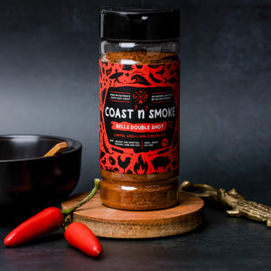 A jar of Bells Double shot coffee rub with a bowl and red chilli next to it