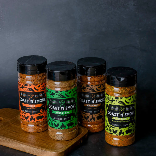 "Some like it Hot" bbq seasoning gift collection. Sweet n Heat, Jerk, Tex Mex and Brazilian spice blends.