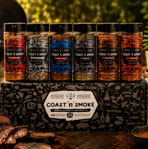 Coast n Smoke Pitmaster Pro gift box with 6 BBQ rubs displayed