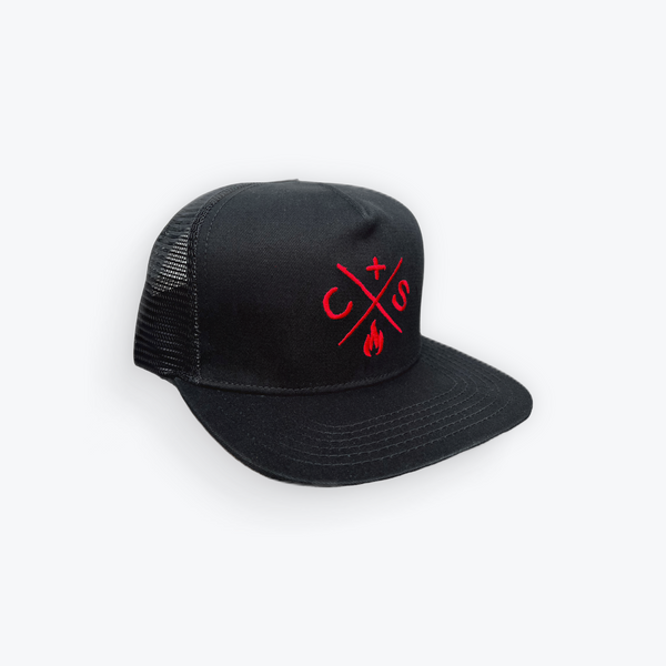 black flat brimmed trucker hat with mesh back and red embroidered logo 