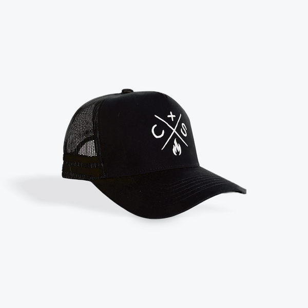 a mesh back black baseball cap with white embroidered logo 