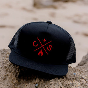 front view of coast n smoke trucker cap with red logo and flat brim