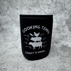 black and white stubby holder design with cooking temperatures on it