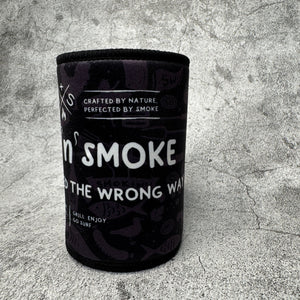 black and white stubby holder "don't get rubbed the wrong way" design