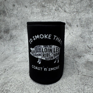 Black and white stubby holder with butcher diagram of a pig on it and "Id smoke that" slogan