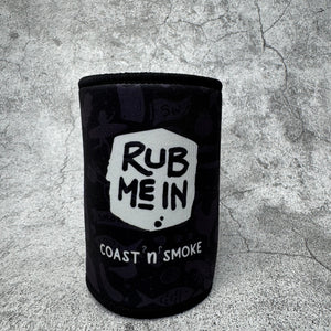 Stubby holder in black and white with a Rub me in logo from Coast  n Smoke