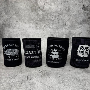 4 different black and white stubby holder designs for Coast n Smoke