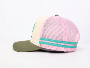 Trucker Hat - Embroidered logo - Cream/pink/olive