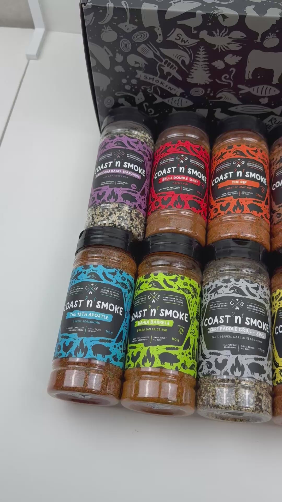 video of a collection of bbq rubs with colourful labels
