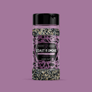 a shaker of everything bagel seasoning on a purple background