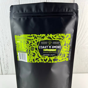 A bulk pouch of Brazilian spice rub with a bright lime green label