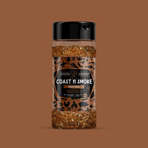 A shaker of South West BBQ rub on a brown background