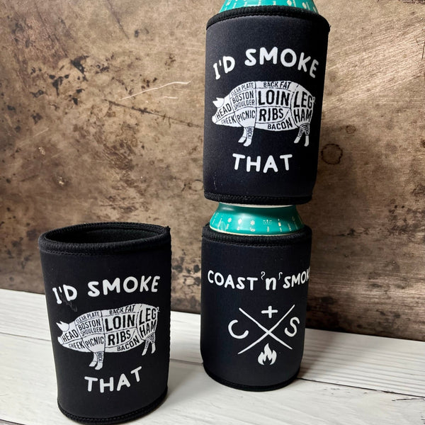 I'd Smoke That design stubby holder with a butchers diagram of a pig